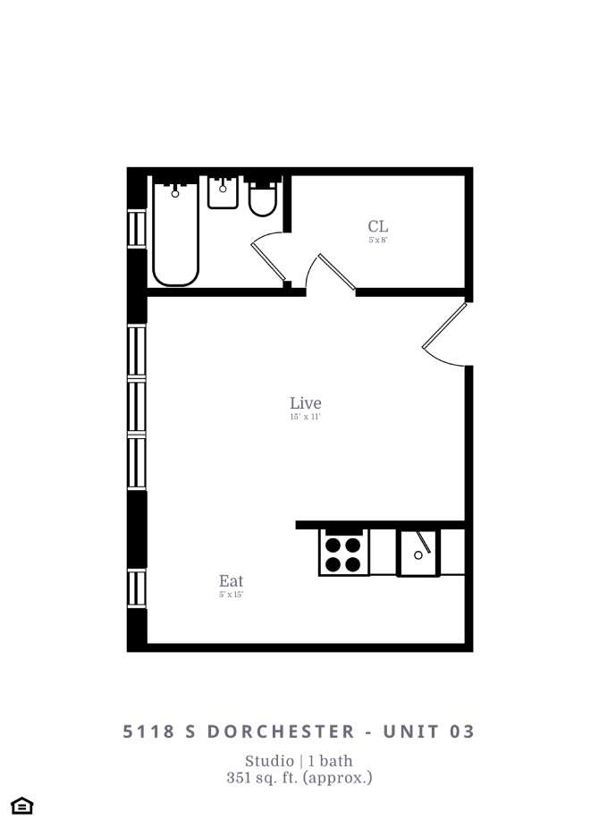 Floor plan for studio, 1 bath, 351 sqft